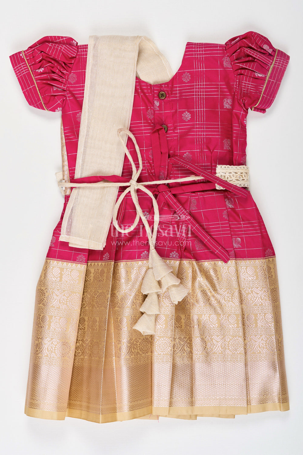 The Nesavu Girls Kanchi Silk Frock Girls Indian Frock in Semi Kanchivaram Silk with Thread Embroidery and Lace Embellished Dupatta Nesavu Nesavu Girls Indian Frock in Semi Kanchivaram Silk with Embroidery and Lace Embellished Dupatta