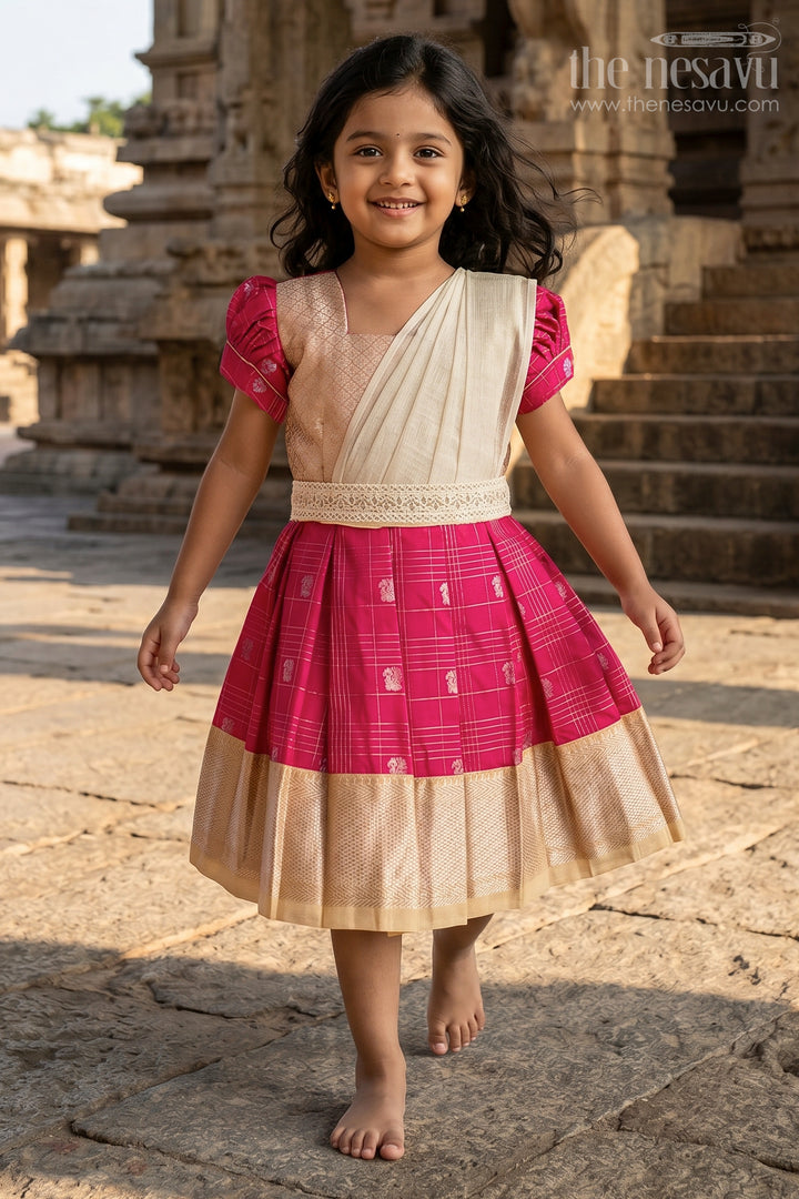 The Nesavu Girls Kanchi Silk Frock Girls Indian Frock in Semi Kanchivaram Silk with Thread Embroidery and Lace Embellished Dupatta Nesavu Nesavu Girls Indian Frock in Semi Kanchivaram Silk with Embroidery and Lace Embellished Dupatta