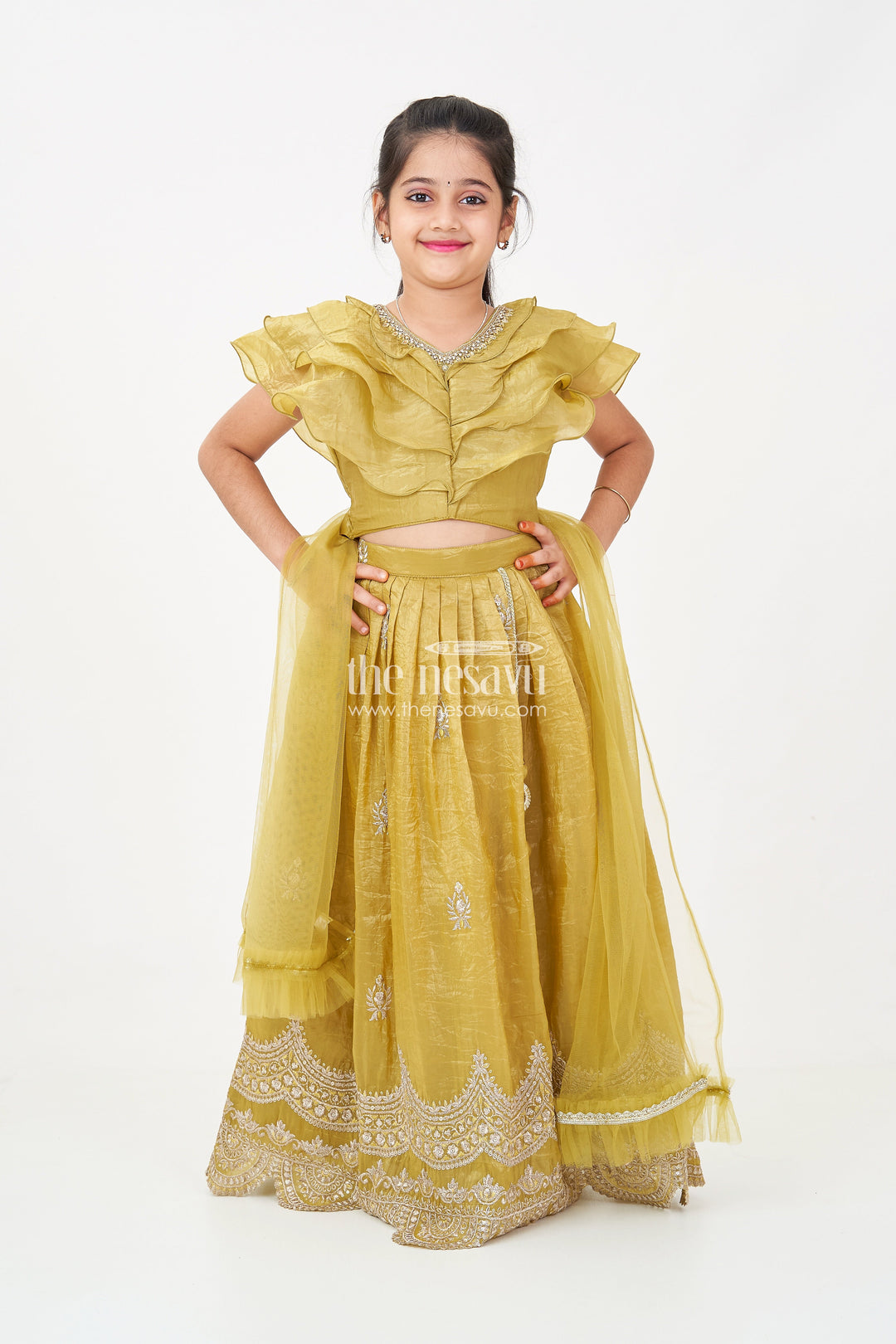 The Nesavu Girls Lehenga Choli Girls Indian Traditional Wear in Olive Green Organza with Zari Embroidered Lehenga and Ruffle Top Nesavu 24 (5Y) / Green GL628A-24 Girls Indian Traditional Wear with Olive Green Zari Embroidered Organza Lehenga | The Nesavu
