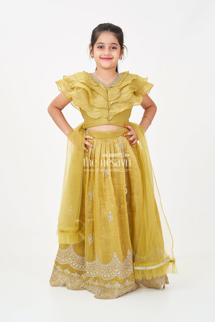 The Nesavu Girls Lehenga Choli Girls Indian Traditional Wear in Olive Green Organza with Zari Embroidered Lehenga and Ruffle Top Nesavu 24 (5Y) / Green GL628A-24 Girls Indian Traditional Wear with Olive Green Zari Embroidered Organza Lehenga | The Nesavu