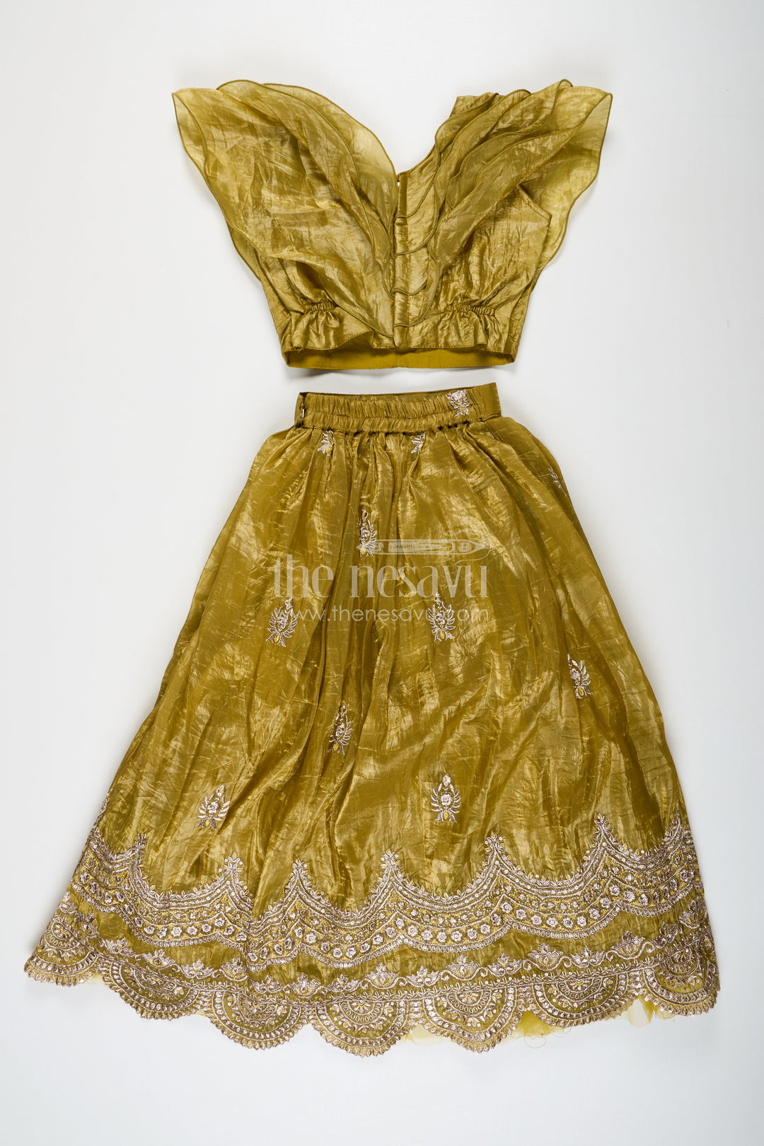 The Nesavu Girls Lehenga Choli Girls Indian Traditional Wear in Olive Green Organza with Zari Embroidered Lehenga and Ruffle Top Nesavu Girls Indian Traditional Wear with Olive Green Zari Embroidered Organza Lehenga | The Nesavu