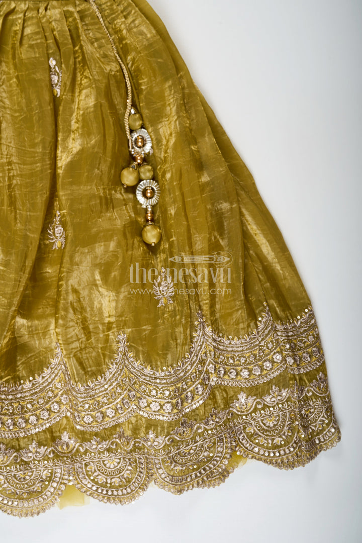 The Nesavu Girls Lehenga Choli Girls Indian Traditional Wear in Olive Green Organza with Zari Embroidered Lehenga and Ruffle Top Nesavu Girls Indian Traditional Wear with Olive Green Zari Embroidered Organza Lehenga | The Nesavu