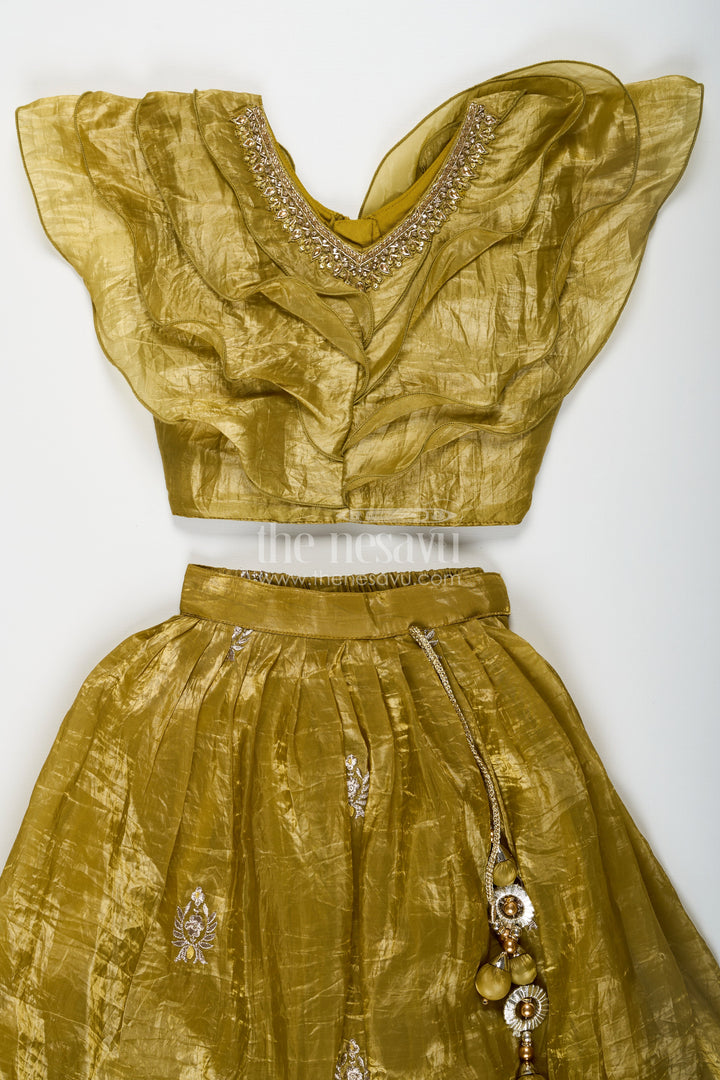 The Nesavu Girls Lehenga Choli Girls Indian Traditional Wear in Olive Green Organza with Zari Embroidered Lehenga and Ruffle Top Nesavu Girls Indian Traditional Wear with Olive Green Zari Embroidered Organza Lehenga | The Nesavu