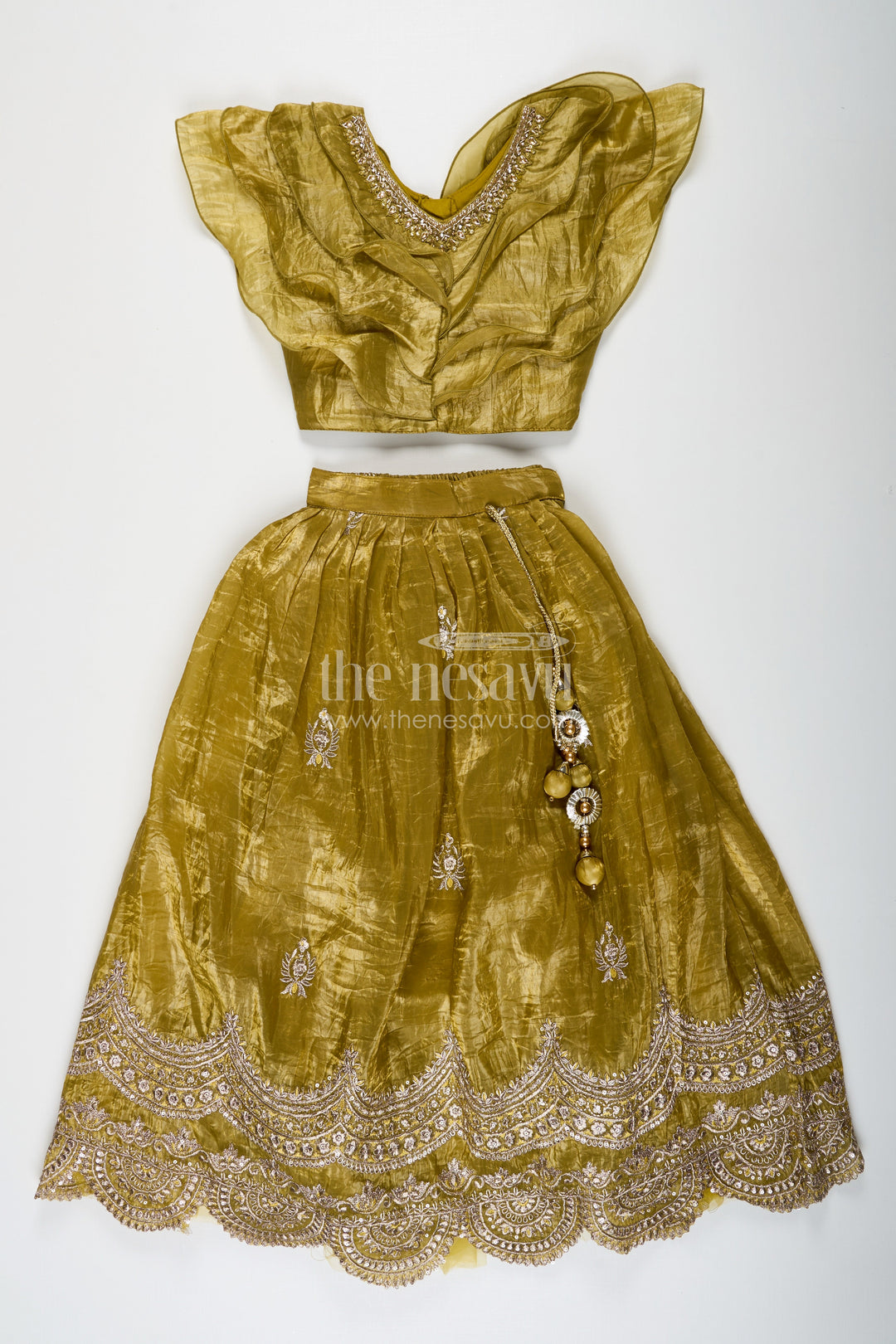 The Nesavu Girls Lehenga Choli Girls Indian Traditional Wear in Olive Green Organza with Zari Embroidered Lehenga and Ruffle Top Nesavu Girls Indian Traditional Wear with Olive Green Zari Embroidered Organza Lehenga | The Nesavu