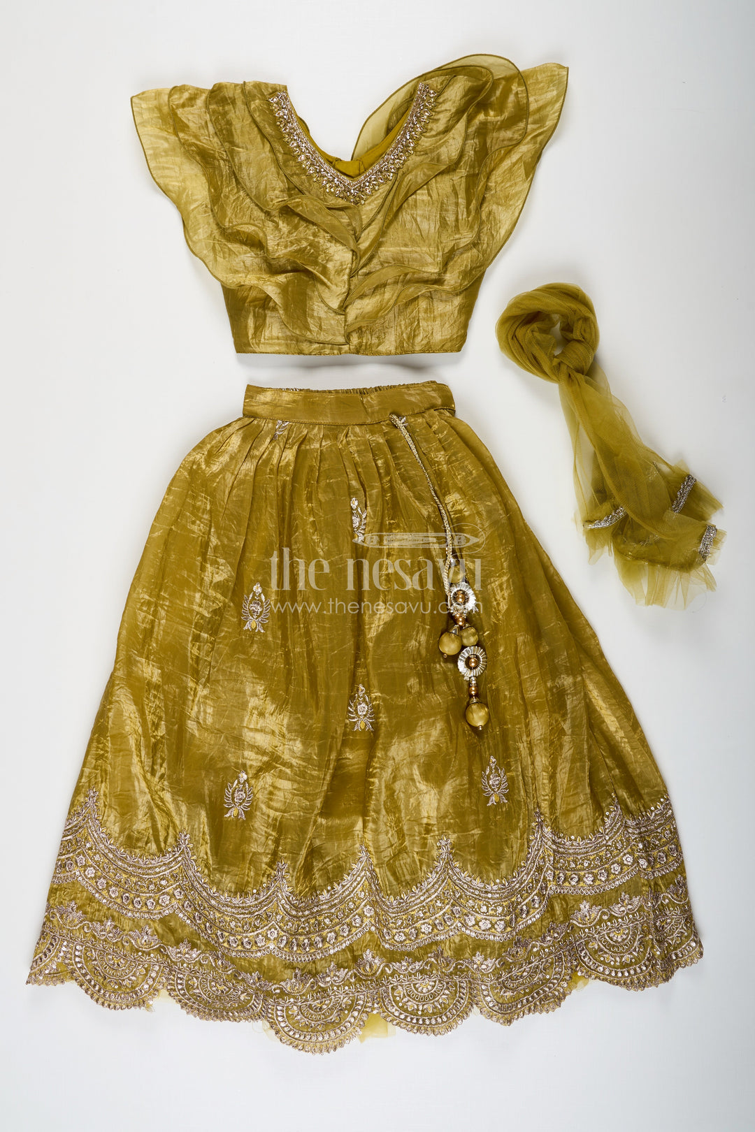 The Nesavu Girls Lehenga Choli Girls Indian Traditional Wear in Olive Green Organza with Zari Embroidered Lehenga and Ruffle Top Nesavu Girls Indian Traditional Wear with Olive Green Zari Embroidered Organza Lehenga | The Nesavu