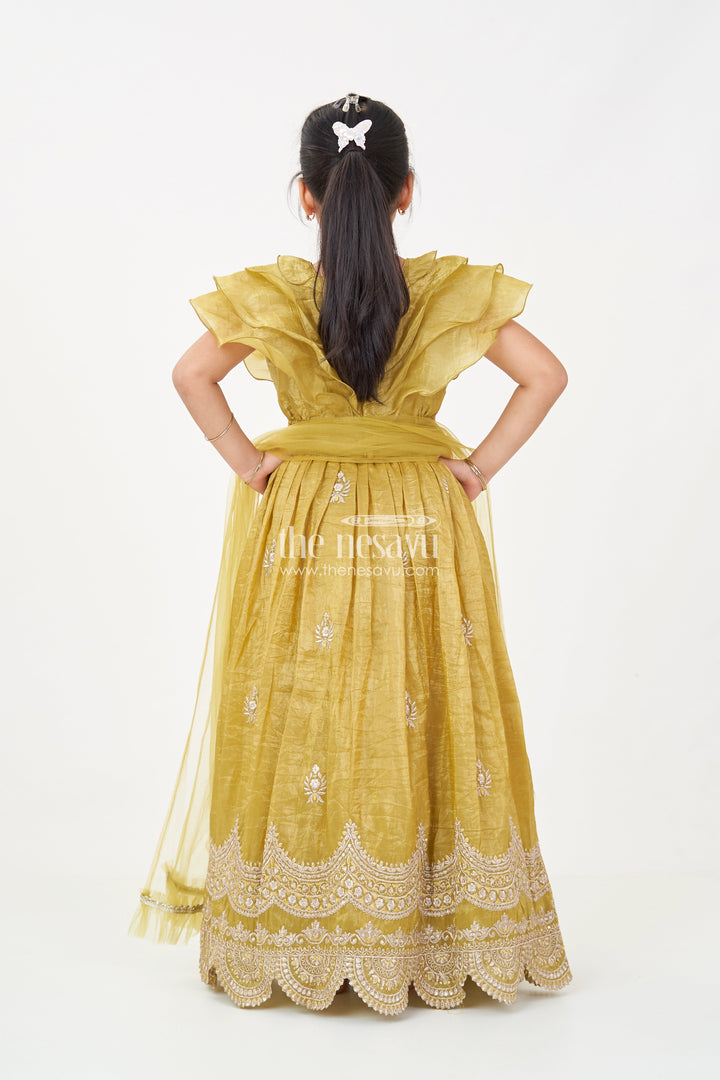 The Nesavu Girls Lehenga Choli Girls Indian Traditional Wear in Olive Green Organza with Zari Embroidered Lehenga and Ruffle Top Nesavu Girls Indian Traditional Wear with Olive Green Zari Embroidered Organza Lehenga | The Nesavu