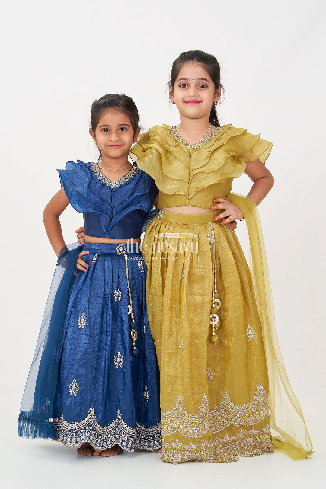 The Nesavu Girls Lehenga Choli Girls Indian Traditional Wear in Olive Green Organza with Zari Embroidered Lehenga and Ruffle Top Nesavu Girls Indian Traditional Wear with Olive Green Zari Embroidered Organza Lehenga | The Nesavu