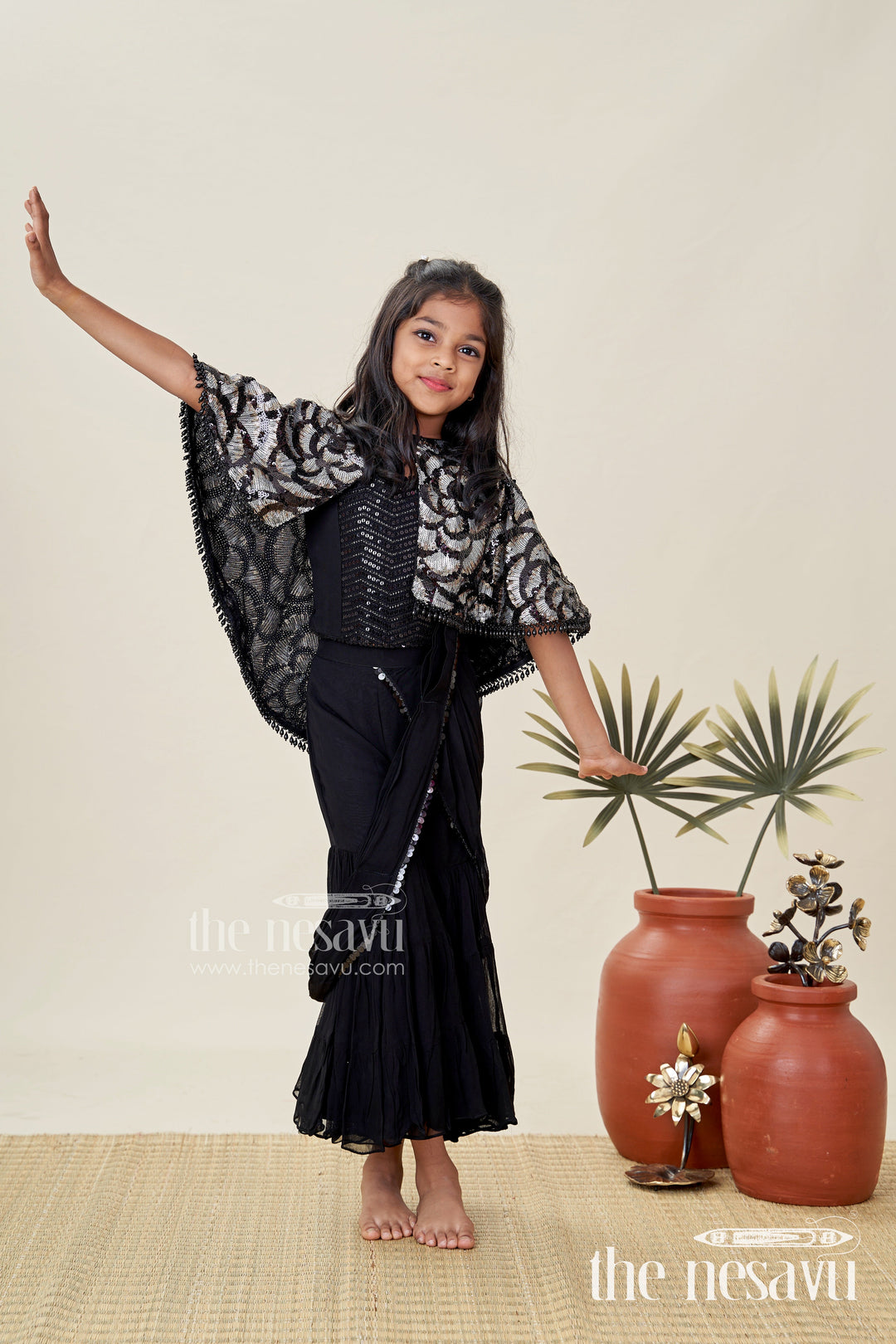 The Nesavu Girls Sharara / Plazo Set Girls Indo Western Sharara Set with Sequin Cape and Crop Top Nesavu 24 (5Y) / Black GPS729A-24 Nesavu Black Cape Style Sharara Set Girls Sequin Crop Top Flared Pants