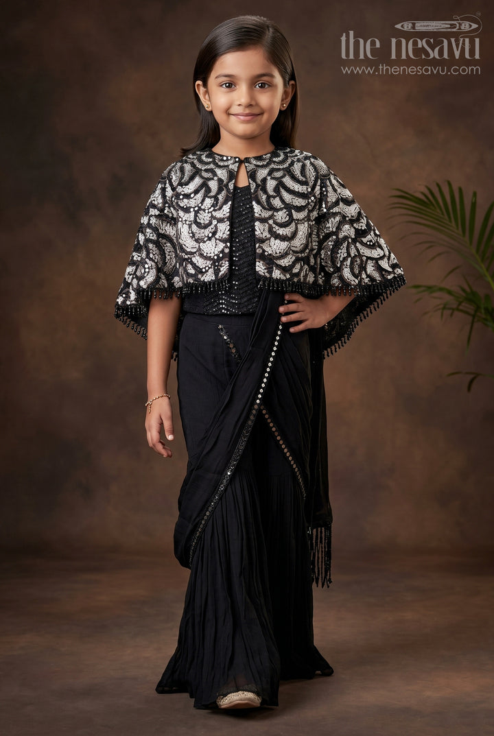 The Nesavu Girls Sharara / Plazo Set Girls Indo Western Sharara Set with Sequin Cape and Crop Top Nesavu 24 (5Y) / Black GPS729A-24 Nesavu Black Cape Style Sharara Set Girls Sequin Crop Top Flared Pants