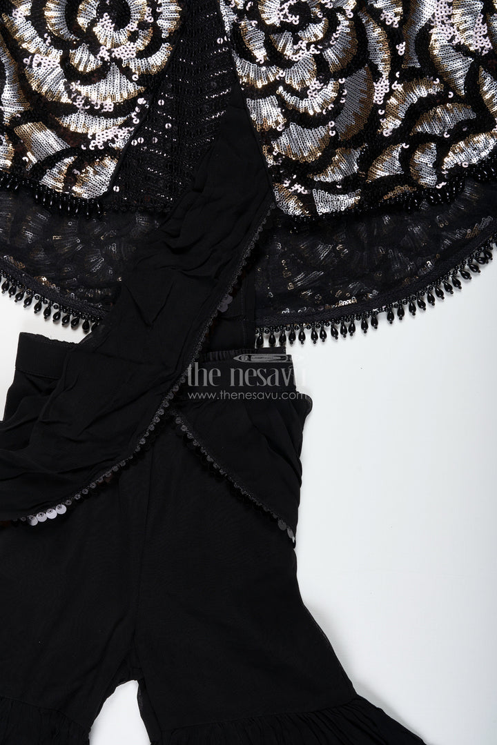 The Nesavu Girls Sharara / Plazo Set Girls Indo Western Sharara Set with Sequin Cape and Crop Top Nesavu Nesavu Black Cape Style Sharara Set Girls Sequin Crop Top Flared Pants