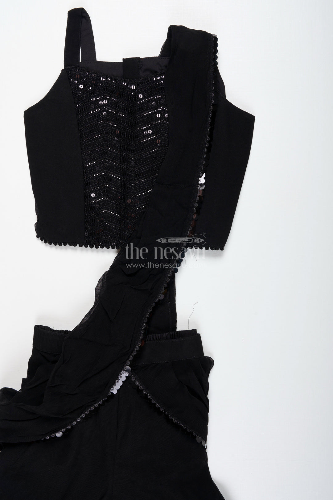 The Nesavu Girls Sharara / Plazo Set Girls Indo Western Sharara Set with Sequin Cape and Crop Top Nesavu Nesavu Black Cape Style Sharara Set Girls Sequin Crop Top Flared Pants