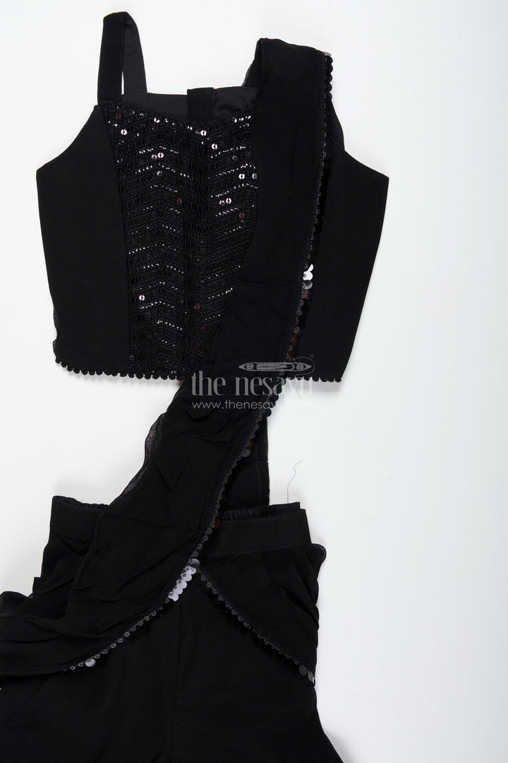 The Nesavu Girls Sharara / Plazo Set Girls Indo Western Sharara Set with Sequin Cape and Crop Top Nesavu Nesavu Black Cape Style Sharara Set Girls Sequin Crop Top Flared Pants
