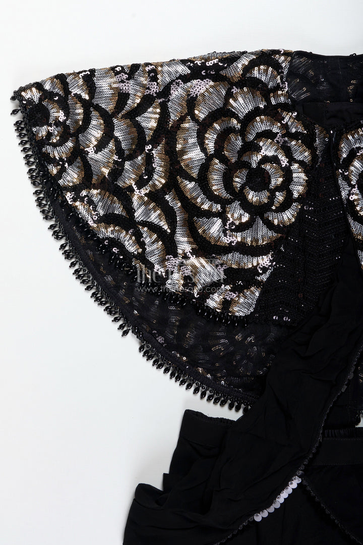 The Nesavu Girls Sharara / Plazo Set Girls Indo Western Sharara Set with Sequin Cape and Crop Top Nesavu Nesavu Black Cape Style Sharara Set Girls Sequin Crop Top Flared Pants