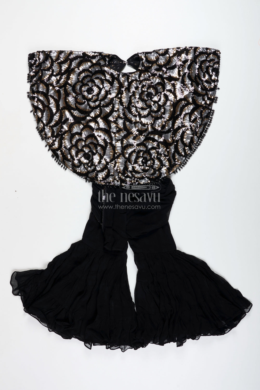 The Nesavu Girls Sharara / Plazo Set Girls Indo Western Sharara Set with Sequin Cape and Crop Top Nesavu Nesavu Black Cape Style Sharara Set Girls Sequin Crop Top Flared Pants