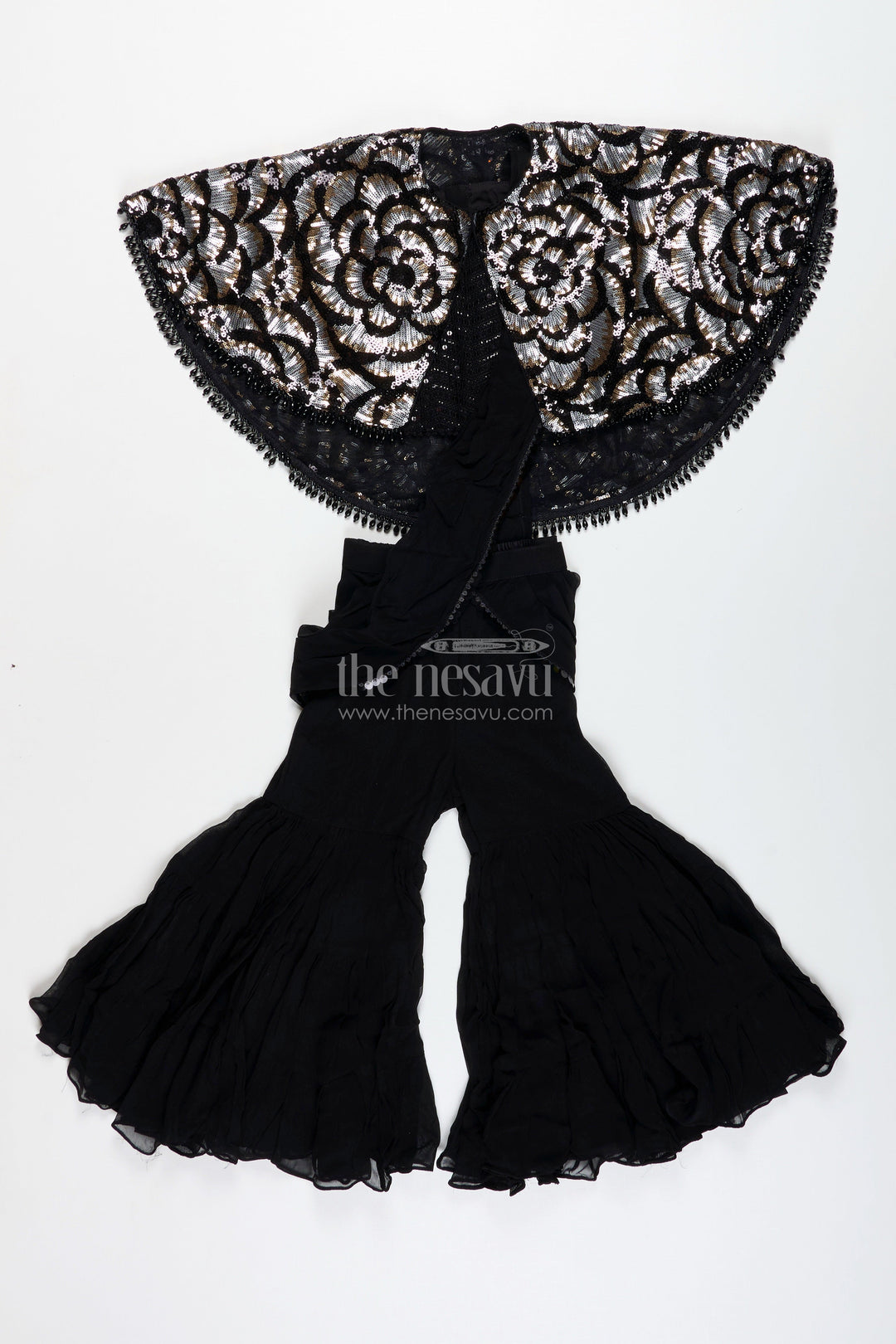 The Nesavu Girls Sharara / Plazo Set Girls Indo Western Sharara Set with Sequin Cape and Crop Top Nesavu Nesavu Black Cape Style Sharara Set Girls Sequin Crop Top Flared Pants