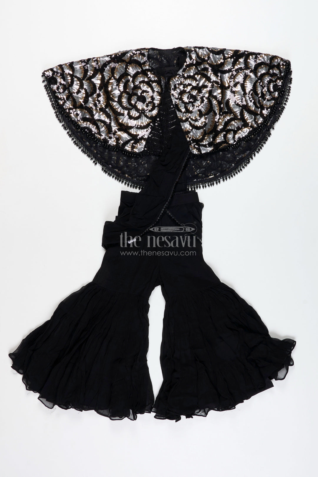 The Nesavu Girls Sharara / Plazo Set Girls Indo Western Sharara Set with Sequin Cape and Crop Top Nesavu Nesavu Black Cape Style Sharara Set Girls Sequin Crop Top Flared Pants
