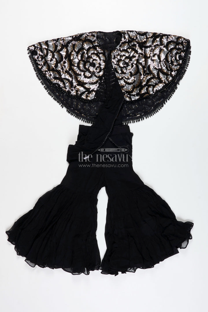 The Nesavu Girls Sharara / Plazo Set Girls Indo Western Sharara Set with Sequin Cape and Crop Top Nesavu Nesavu Black Cape Style Sharara Set Girls Sequin Crop Top Flared Pants
