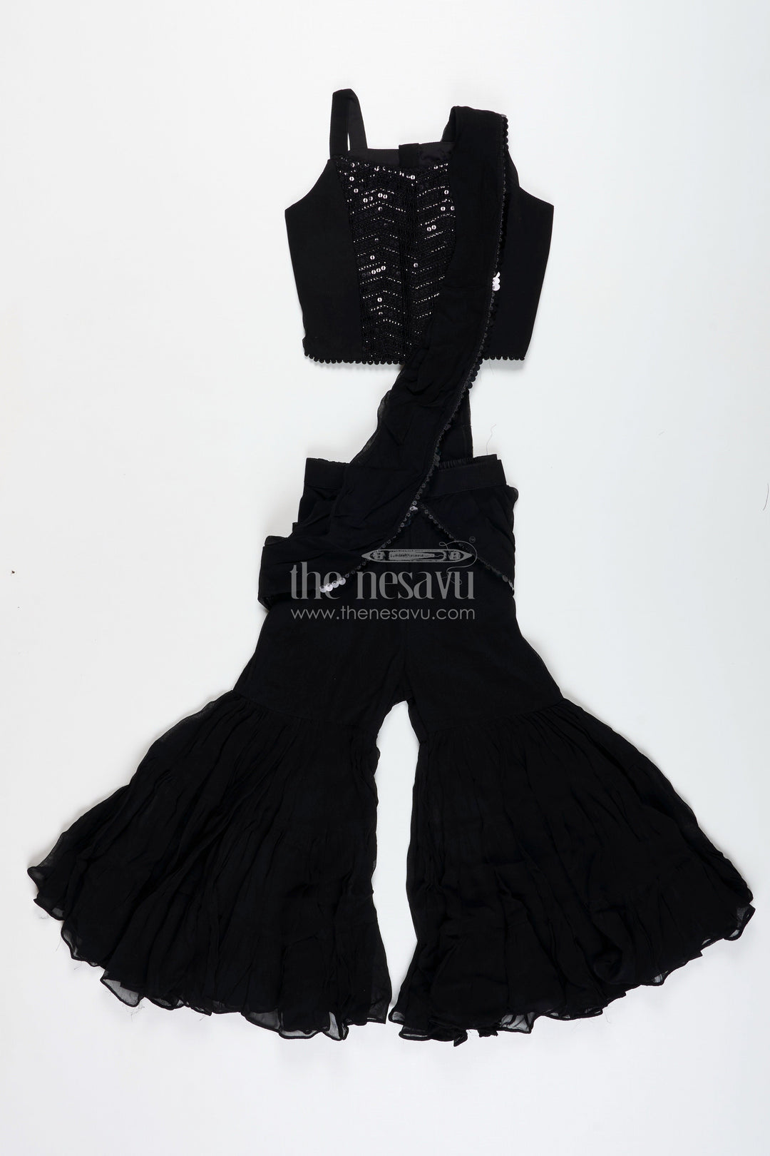 The Nesavu Girls Sharara / Plazo Set Girls Indo Western Sharara Set with Sequin Cape and Crop Top Nesavu Nesavu Black Cape Style Sharara Set Girls Sequin Crop Top Flared Pants