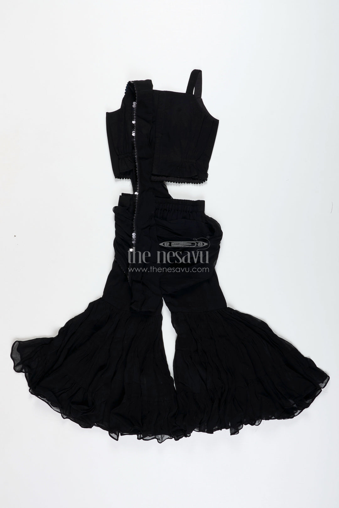 The Nesavu Girls Sharara / Plazo Set Girls Indo Western Sharara Set with Sequin Cape and Crop Top Nesavu Nesavu Black Cape Style Sharara Set Girls Sequin Crop Top Flared Pants