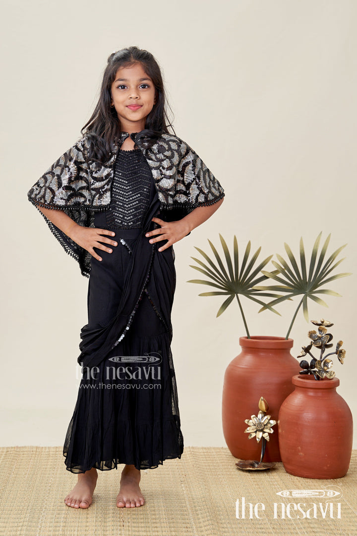 The Nesavu Girls Sharara / Plazo Set Girls Indo Western Sharara Set with Sequin Cape and Crop Top Nesavu Nesavu Black Cape Style Sharara Set Girls Sequin Crop Top Flared Pants