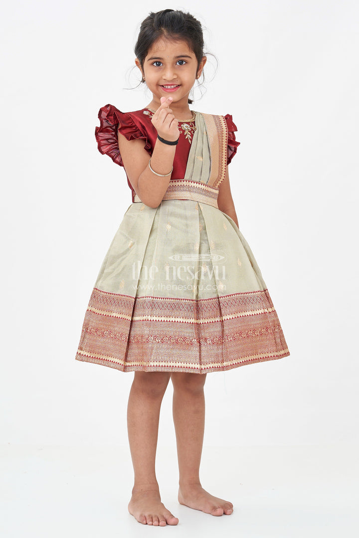 The Nesavu Silk Party Frock Girls Infant Baptism Dress in Maroon and Gold with Pleated Silk Skirt and Puff Sleeves for Graceful Looks Nesavu 16 (1Y) / Maroon SF955E-16 Girls Silk Infant Baptism Dress Zari Border Puff Sleeves Maroon Gold | The Nesavu