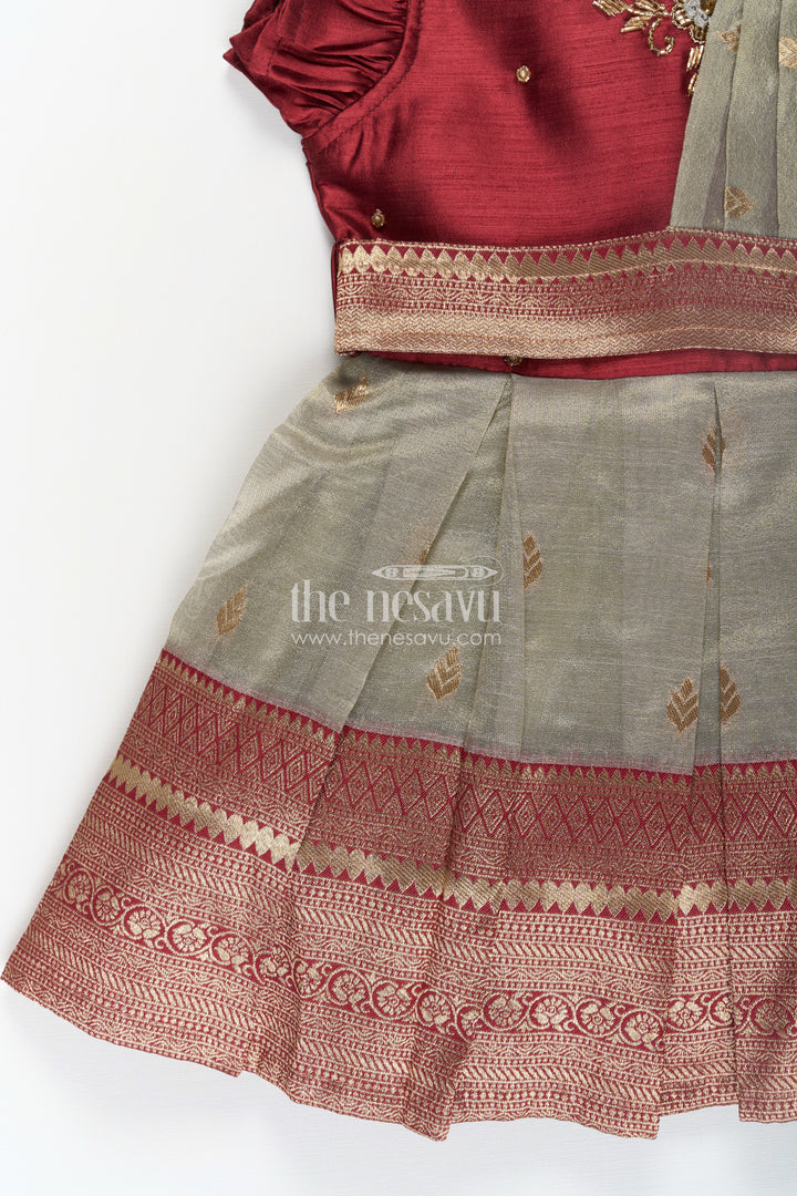 The Nesavu Silk Party Frock Girls Infant Baptism Dress in Maroon and Gold with Pleated Silk Skirt and Puff Sleeves for Graceful Looks Nesavu Girls Silk Infant Baptism Dress Zari Border Puff Sleeves Maroon Gold | The Nesavu