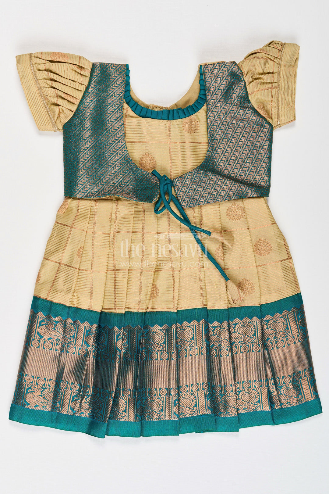The Nesavu Girls Kanchi Silk Frock Girls Infant Frocks in Semi Kanchivaram Silk with Blue Zari Borders and Stylish Sleeves for Traditional Grace Nesavu 20 (3Y) / Cream SF855AB-20 Girls Semi Kanchivaram Silk Infant Frocks Zari Motifs Sleeveless Jacket | The Nesavu