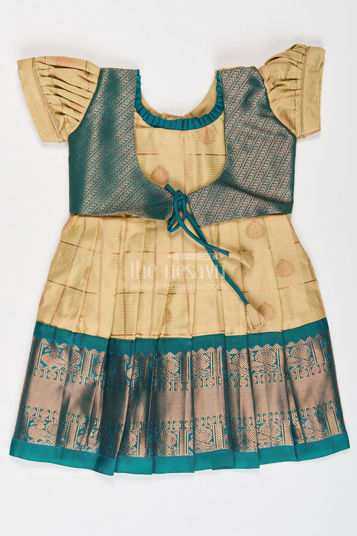 The Nesavu Girls Kanchi Silk Frock Girls Infant Frocks in Semi Kanchivaram Silk with Blue Zari Borders and Stylish Sleeves for Traditional Grace Nesavu 20 (3Y) / Cream SF855AB-20 Girls Semi Kanchivaram Silk Infant Frocks Zari Motifs Sleeveless Jacket | The Nesavu