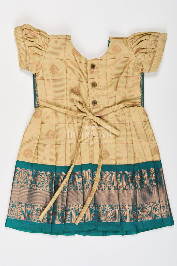 The Nesavu Girls Kanchi Silk Frock Girls Infant Frocks in Semi Kanchivaram Silk with Blue Zari Borders and Stylish Sleeves for Traditional Grace Nesavu Girls Semi Kanchivaram Silk Infant Frocks Zari Motifs Sleeveless Jacket | The Nesavu