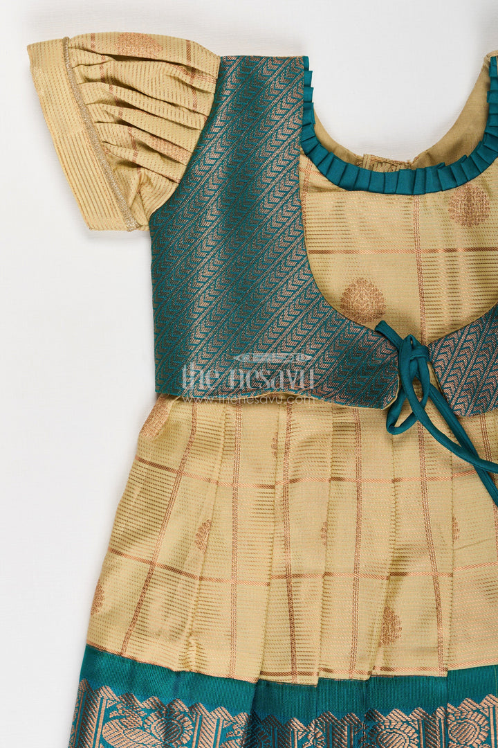 The Nesavu Girls Kanchi Silk Frock Girls Infant Frocks in Semi Kanchivaram Silk with Blue Zari Borders and Stylish Sleeves for Traditional Grace Nesavu Girls Semi Kanchivaram Silk Infant Frocks Zari Motifs Sleeveless Jacket | The Nesavu