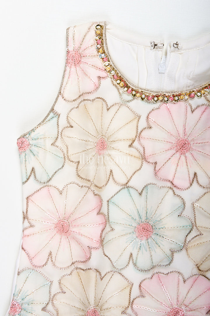 The Nesavu Girls Sharara / Plazo Set Girls Ivory Floral Sharara Set with Pastel Thread Embroidery Nesavu Nesavu Ivory Floral Sharara Set Pastel Embroidery Girls Festive Occasions