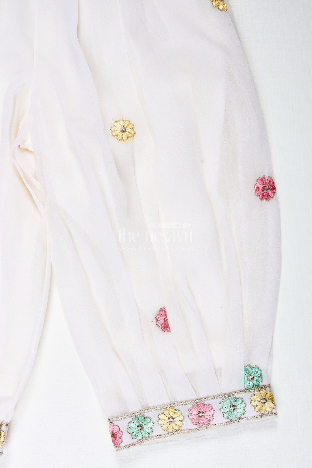 The Nesavu Girls Sharara / Plazo Set Girls Ivory Floral Sharara Set with Pastel Thread Embroidery Nesavu Nesavu Ivory Floral Sharara Set Pastel Embroidery Girls Festive Occasions