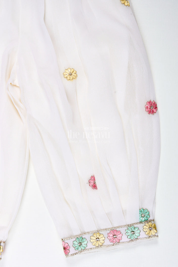 The Nesavu Girls Sharara / Plazo Set Girls Ivory Floral Sharara Set with Pastel Thread Embroidery Nesavu Nesavu Ivory Floral Sharara Set Pastel Embroidery Girls Festive Occasions