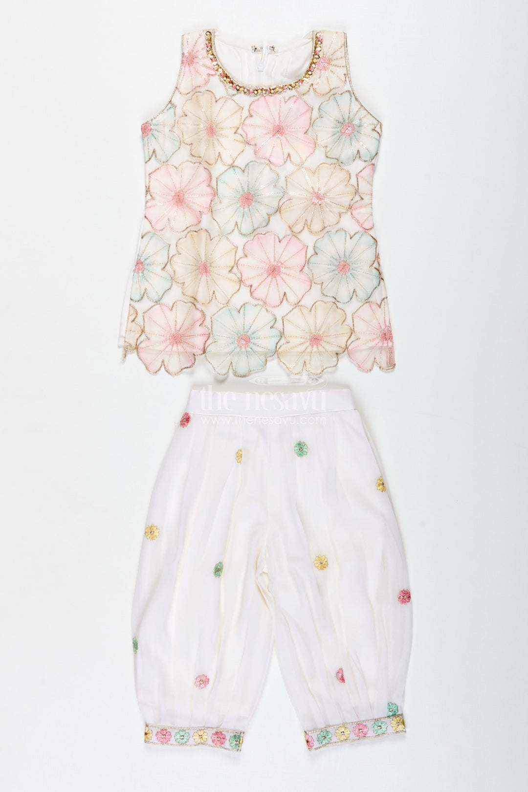 The Nesavu Girls Sharara / Plazo Set Girls Ivory Floral Sharara Set with Pastel Thread Embroidery Nesavu Nesavu Ivory Floral Sharara Set Pastel Embroidery Girls Festive Occasions