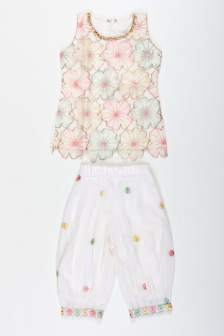 The Nesavu Girls Sharara / Plazo Set Girls Ivory Floral Sharara Set with Pastel Thread Embroidery Nesavu Nesavu Ivory Floral Sharara Set Pastel Embroidery Girls Festive Occasions