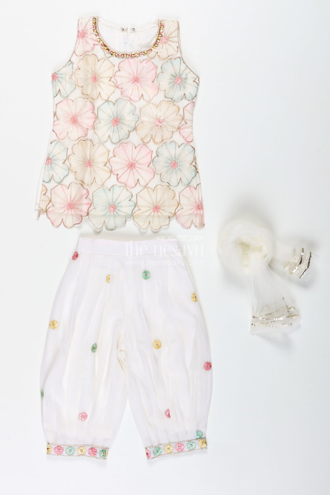 The Nesavu Girls Sharara / Plazo Set Girls Ivory Floral Sharara Set with Pastel Thread Embroidery Nesavu Nesavu Ivory Floral Sharara Set Pastel Embroidery Girls Festive Occasions
