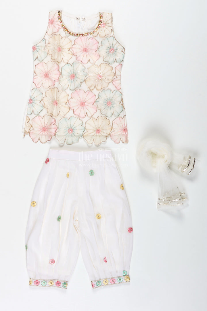The Nesavu Girls Sharara / Plazo Set Girls Ivory Floral Sharara Set with Pastel Thread Embroidery Nesavu Nesavu Ivory Floral Sharara Set Pastel Embroidery Girls Festive Occasions
