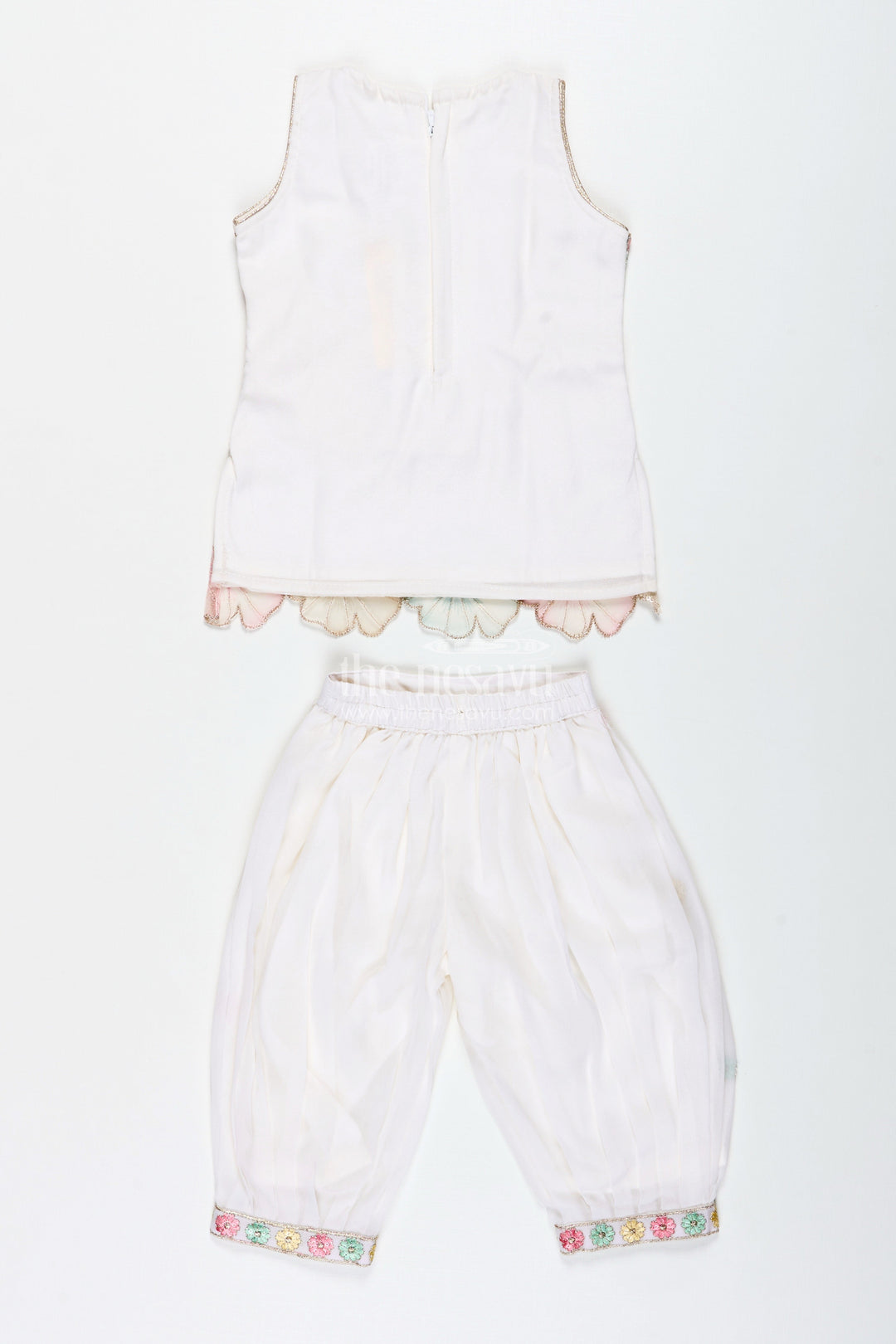 The Nesavu Girls Sharara / Plazo Set Girls Ivory Floral Sharara Set with Pastel Thread Embroidery Nesavu Nesavu Ivory Floral Sharara Set Pastel Embroidery Girls Festive Occasions