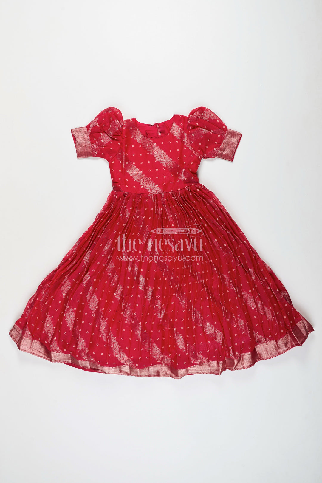 The Nesavu Girls Party Gown Girls Jacquard Party Gown for Weddings and Festive Events Nesavu 24 (5Y) / Red GA373A-24 Nesavu girls georgette jacquard party gown woven motifs wedding festive occasions