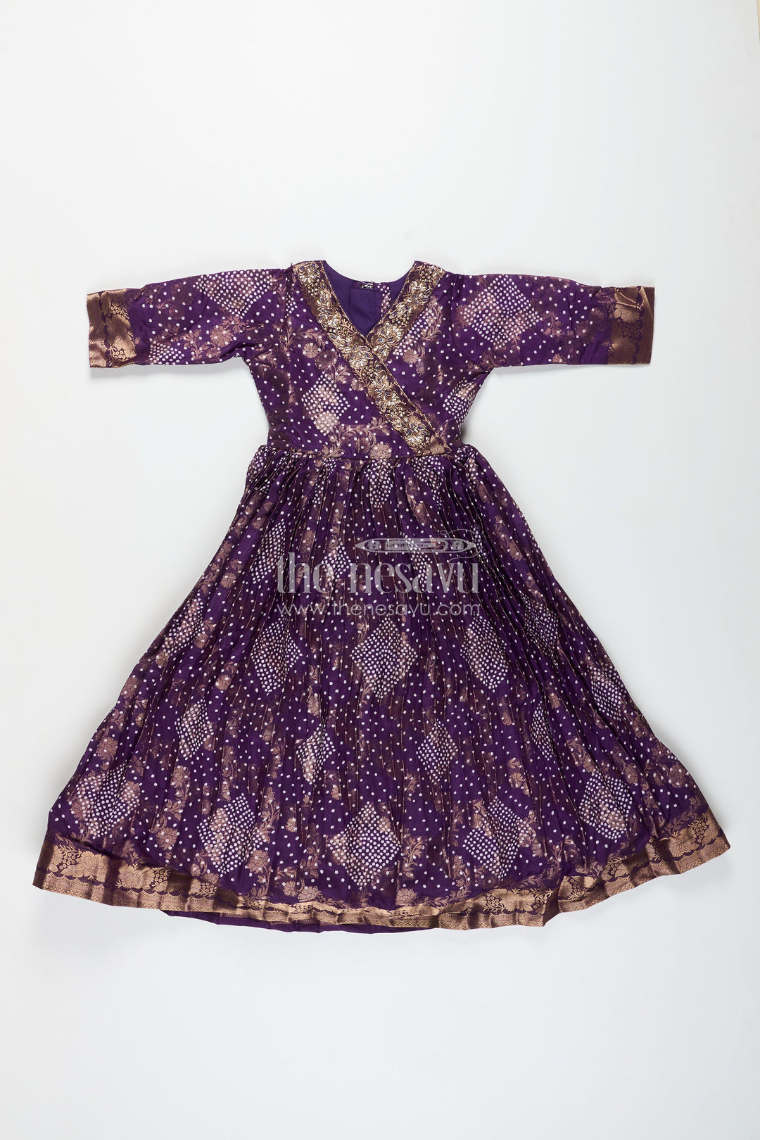 The Nesavu Girls Party Gown Girls Jacquard Party Gown with Full Sleeves for Traditional Occasions Nesavu Nesavu girls georgette jacquard party gown floral prints full sleeves festive wear