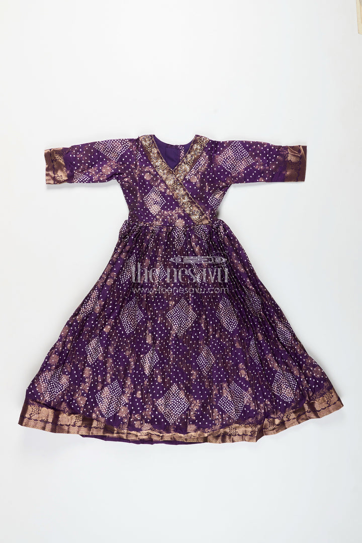 The Nesavu Girls Party Gown Girls Jacquard Party Gown with Full Sleeves for Traditional Occasions Nesavu Nesavu girls georgette jacquard party gown floral prints full sleeves festive wear