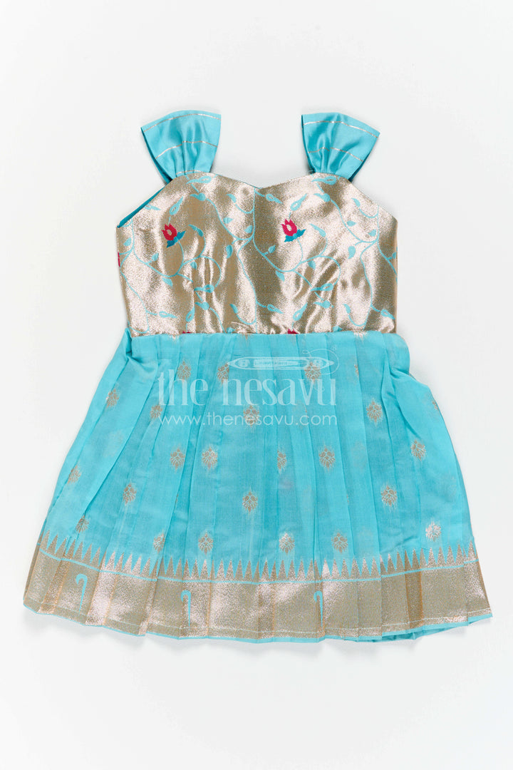 The Nesavu Girls Kanchi Silk Frock Girls Kanchi Silk Frock for Festive Photos and Pooja Nesavu 18 (2Y) / Blue / Style 2 KSF059AB-18 Nesavu Girls Kanchi Silk Frock For Festive Photos And Pooja With Paithani Yoke KSF059AB-18