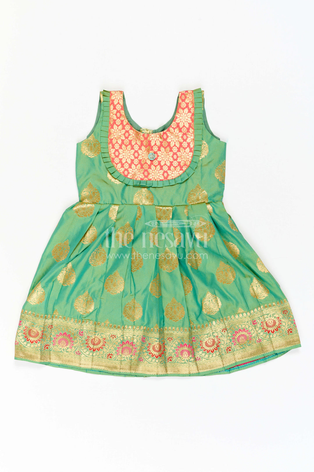 The Nesavu Girls Kanchi Silk Frock Girls Kanchi Silk Frock for Festive Photos and Traditional Celebrations Nesavu 20 (3Y) / Green / Style 2 KSF042DB-20 Nesavu Girls Kanchi Silk Frock With Grand Woven Border For Festive Celebrations And Weddings