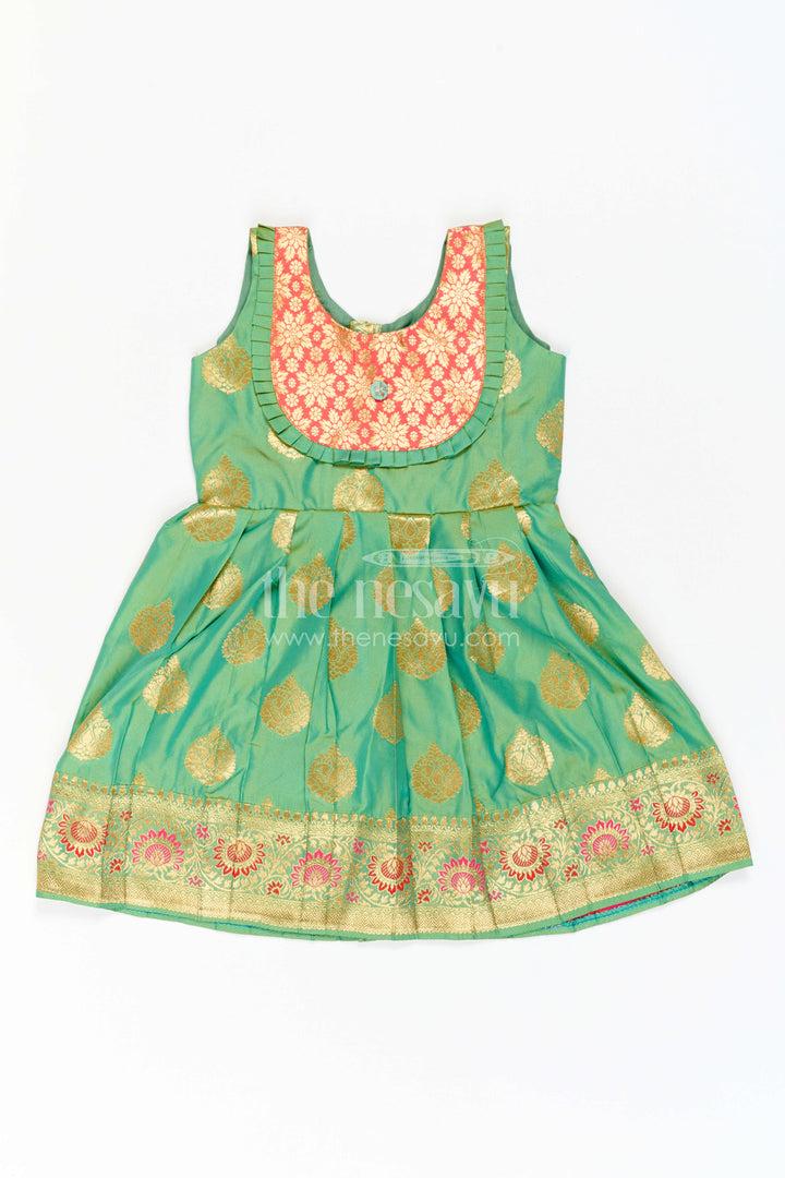 The Nesavu Girls Kanchi Silk Frock Girls Kanchi Silk Frock for Festive Photos and Traditional Celebrations Nesavu 20 (3Y) / Green / Style 2 KSF042DB-20 Nesavu Girls Kanchi Silk Frock With Grand Woven Border For Festive Celebrations And Weddings