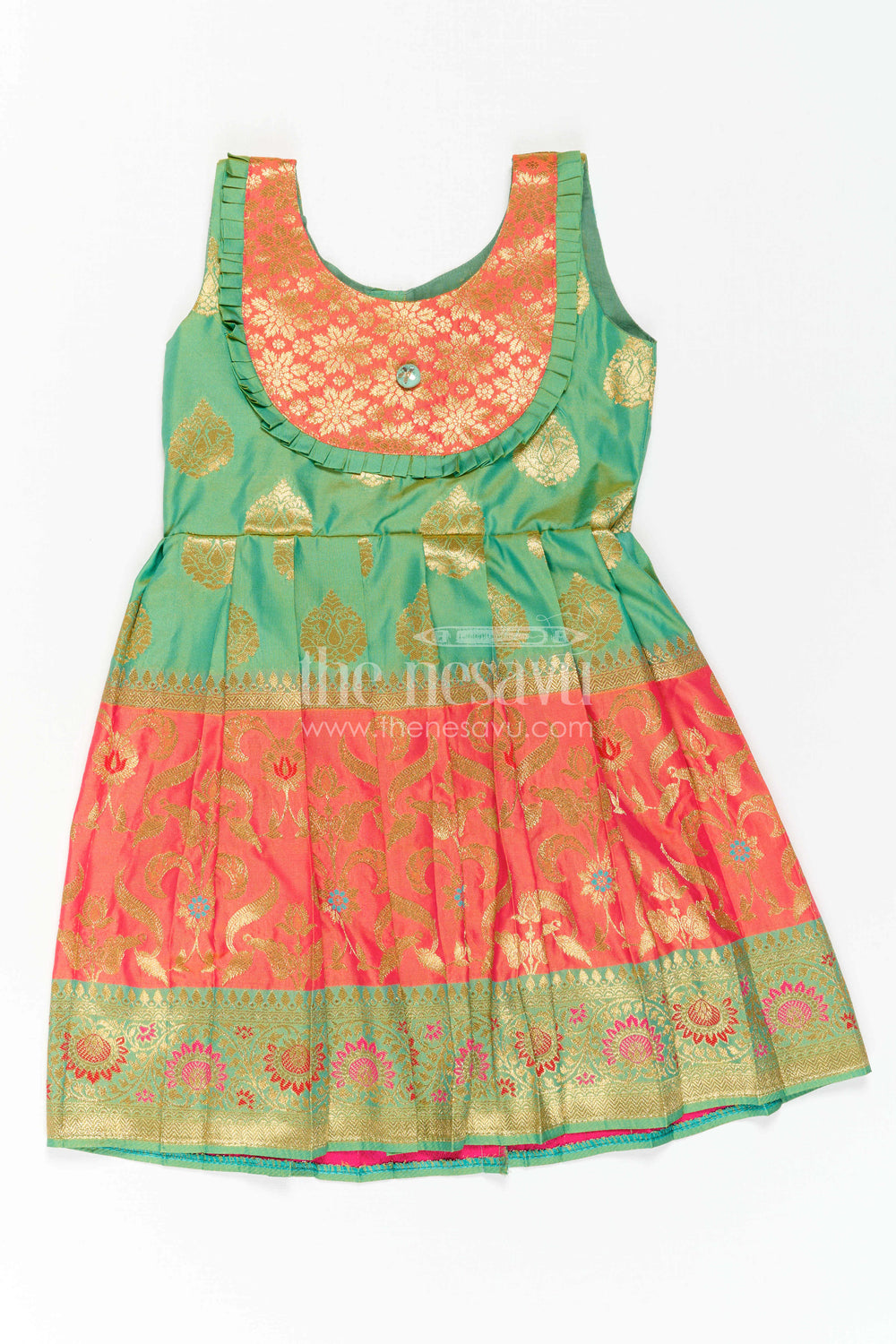The Nesavu Girls Kanchi Silk Frock Girls Kanchi Silk Frock for Festive Photos and Traditional Celebrations Nesavu 22 (4Y) / Green / Style 1 KSF042DA-22 Nesavu Girls Kanchi Silk Frock With Grand Woven Border For Festive Celebrations And Weddings