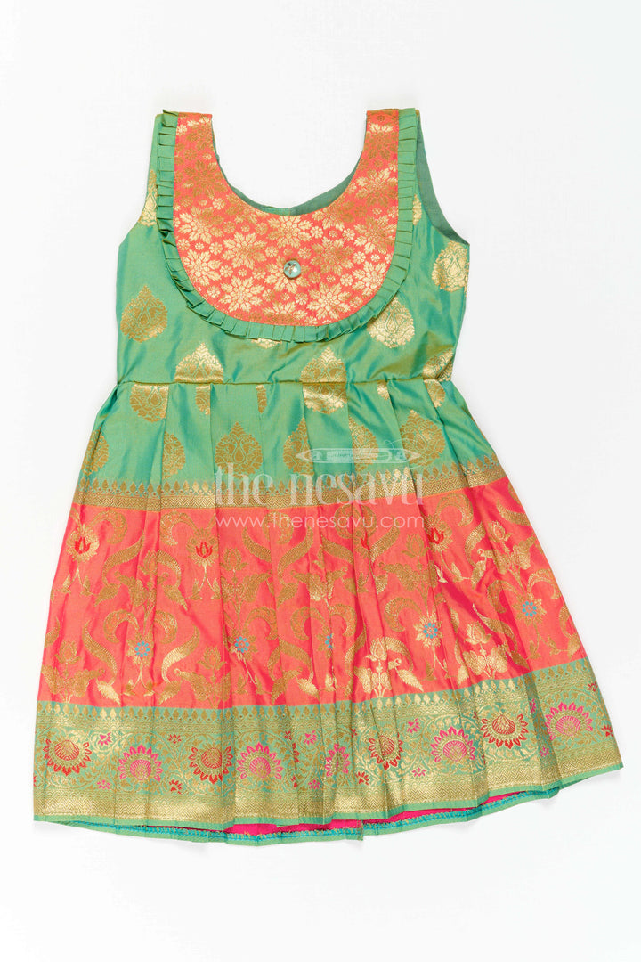 The Nesavu Girls Kanchi Silk Frock Girls Kanchi Silk Frock for Festive Photos and Traditional Celebrations Nesavu 22 (4Y) / Green / Style 1 KSF042DA-22 Nesavu Girls Kanchi Silk Frock With Grand Woven Border For Festive Celebrations And Weddings
