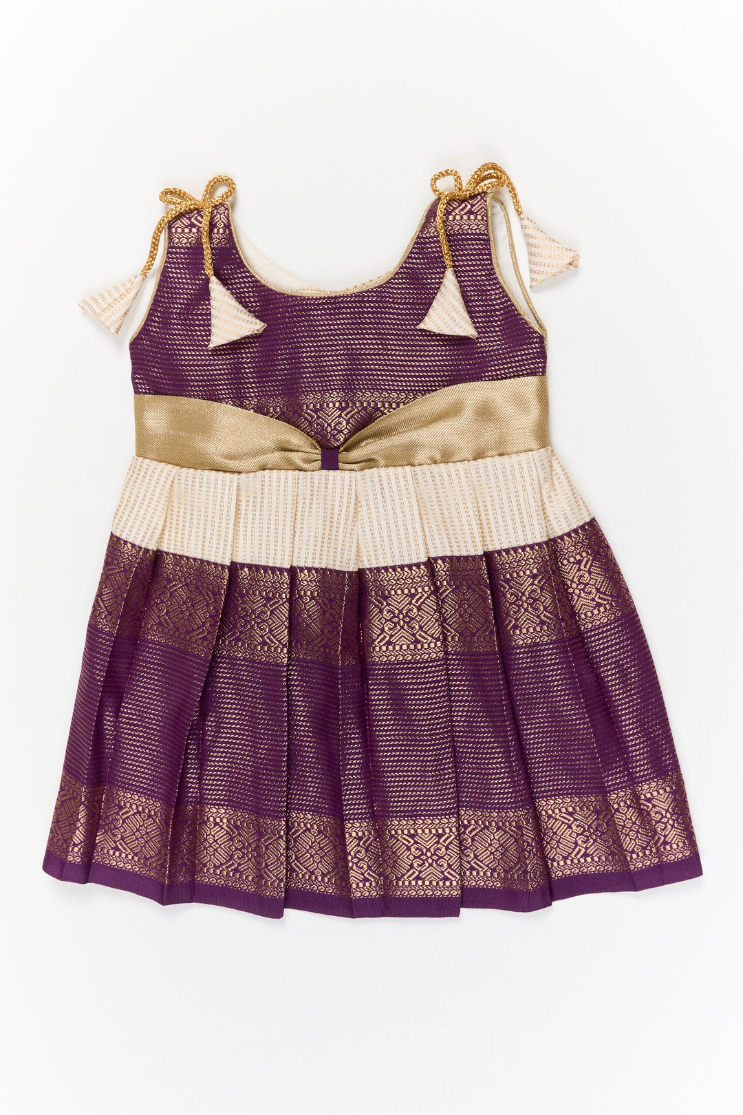 The Nesavu Girls Kanchi Silk Frock Girls Kanchi Silk Frock for Festive Weddings and Receptions Nesavu 10 (NB) / Gold / Style 4 KSF021CD-10 Nesavu girls kanchi silk frock for weddings in semi designer kanchivaram saree inspired style