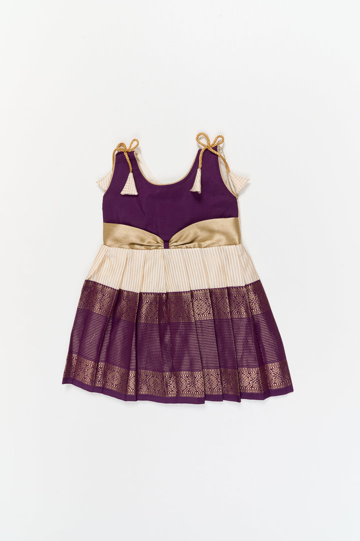 The Nesavu Girls Kanchi Silk Frock Girls Kanchi Silk Frock for Festive Weddings and Receptions Nesavu 14 (6M) / Gold / Style 3 KSF021CC-14 Nesavu girls kanchi silk frock for weddings in semi designer kanchivaram saree inspired style