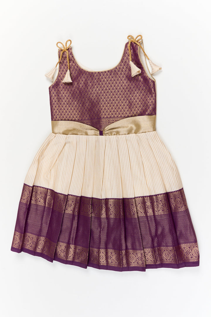 The Nesavu Girls Kanchi Silk Frock Girls Kanchi Silk Frock for Festive Weddings and Receptions Nesavu 22 (4Y) / Gold / Style 2 KSF021CB-22 Nesavu girls kanchi silk frock for weddings in semi designer kanchivaram saree inspired style