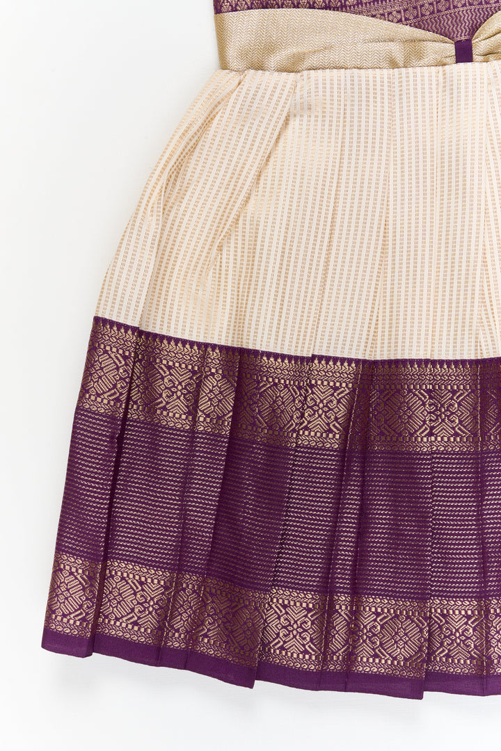 The Nesavu Girls Kanchi Silk Frock Girls Kanchi Silk Frock for Festive Weddings and Receptions Nesavu Nesavu girls kanchi silk frock for weddings in semi designer kanchivaram saree inspired style